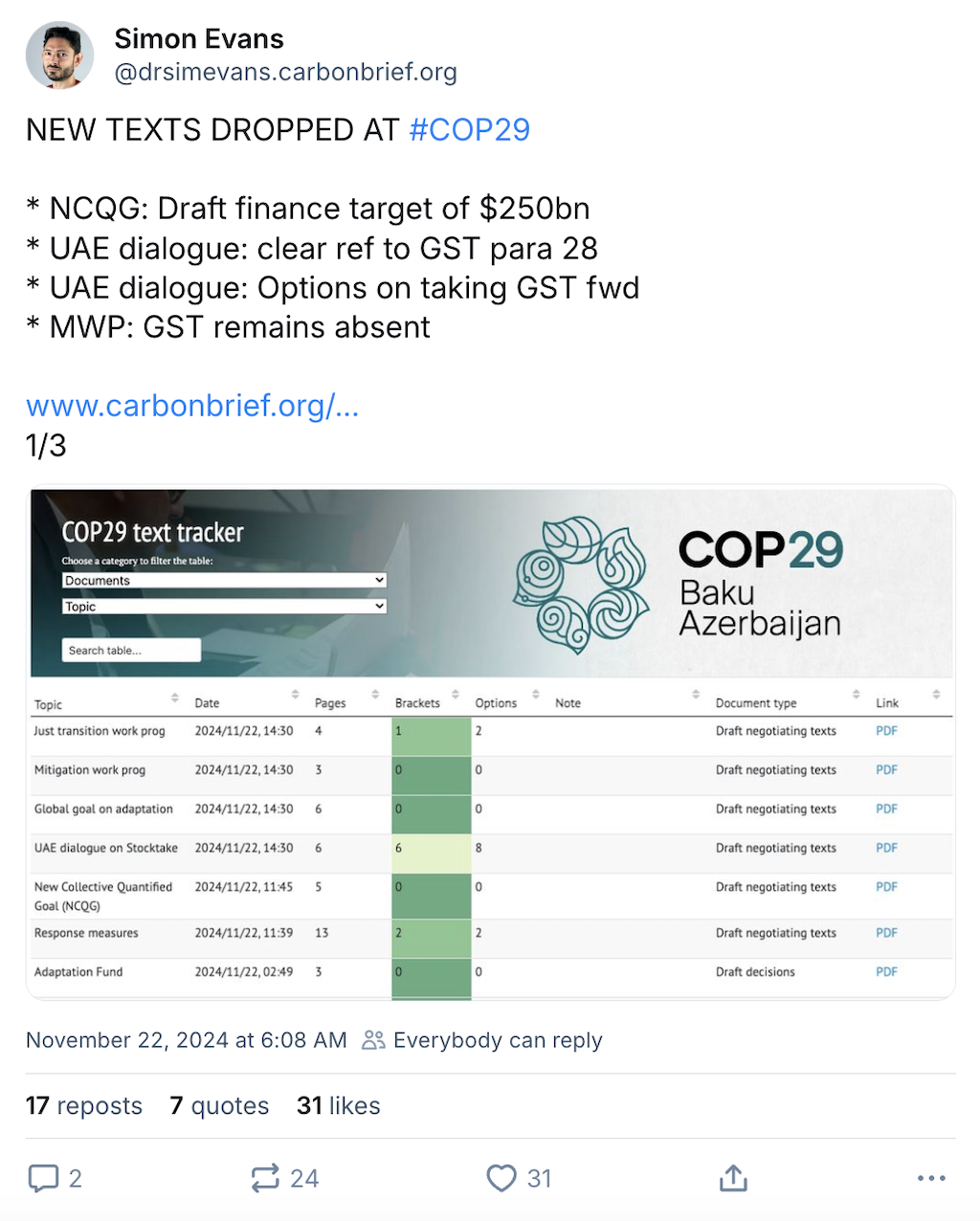 Simon Evans on Bluesky: New text dropped at COP29